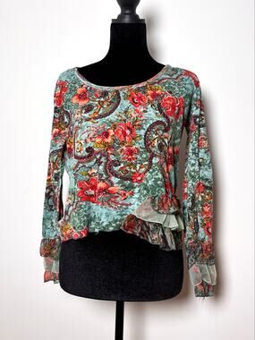 Derhy Turquoise Coral Floral Print Boatneck Top Ruffle Sleeves Beaded Sequined